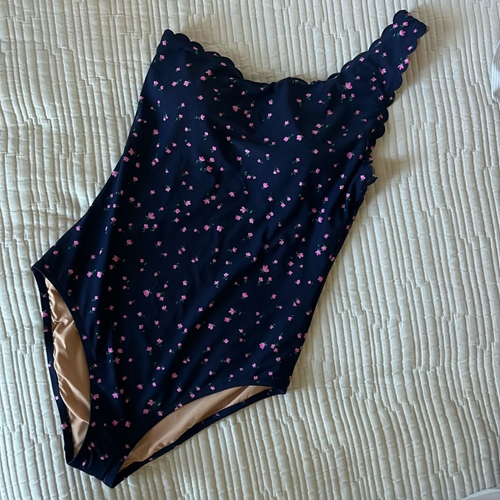 Navy and pink floral print scalloped one shoulder JCrew swimsuit